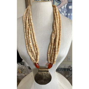 Vintage Bone and Amber Necklace with Large Medallion